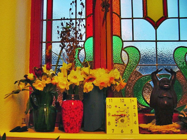 Windowsill with daffodils