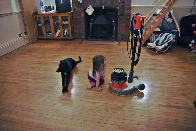 Gizmo, Lola and floor-polishing machine