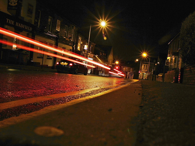 Red car light trail at night, Barber Road Sheffield